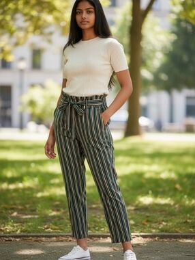 Body By Us Striped High-Waist Paperbag Trousers Green Yellow Black Size XL